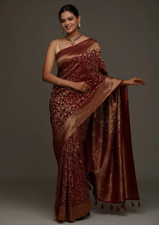 Banarasi Maroon Soft Silk Saree with Jacquard Border Blouse