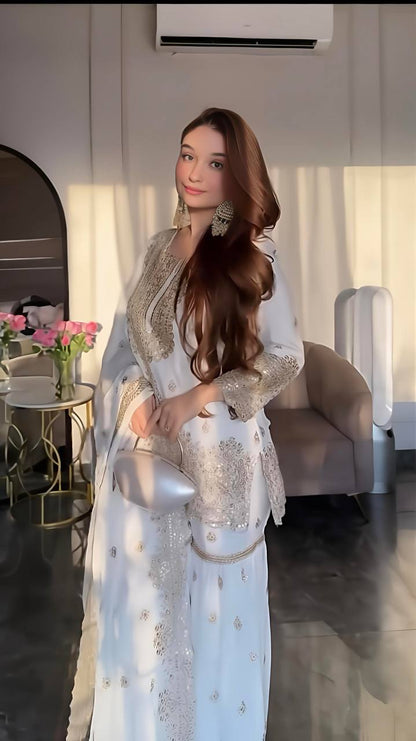 Chinnon Silk Embroidered White Sharara Suit with Dupatta
