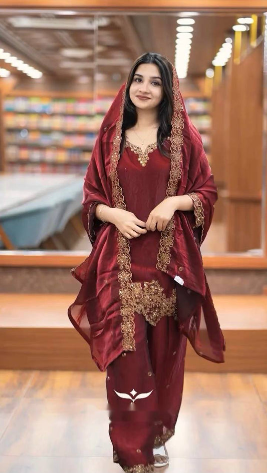 Maroon Jimmy Choo Silk Embroidered Suit with Dupatta