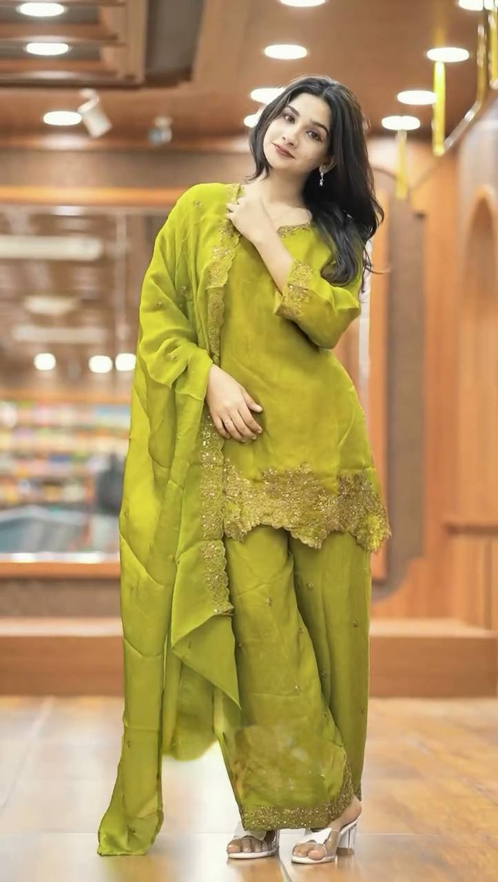 Green Jimmy Choo Silk Embroidered Suit with Dupatta