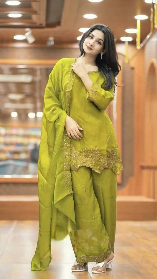 Green Jimmy Choo Silk Embroidered Suit with Dupatta