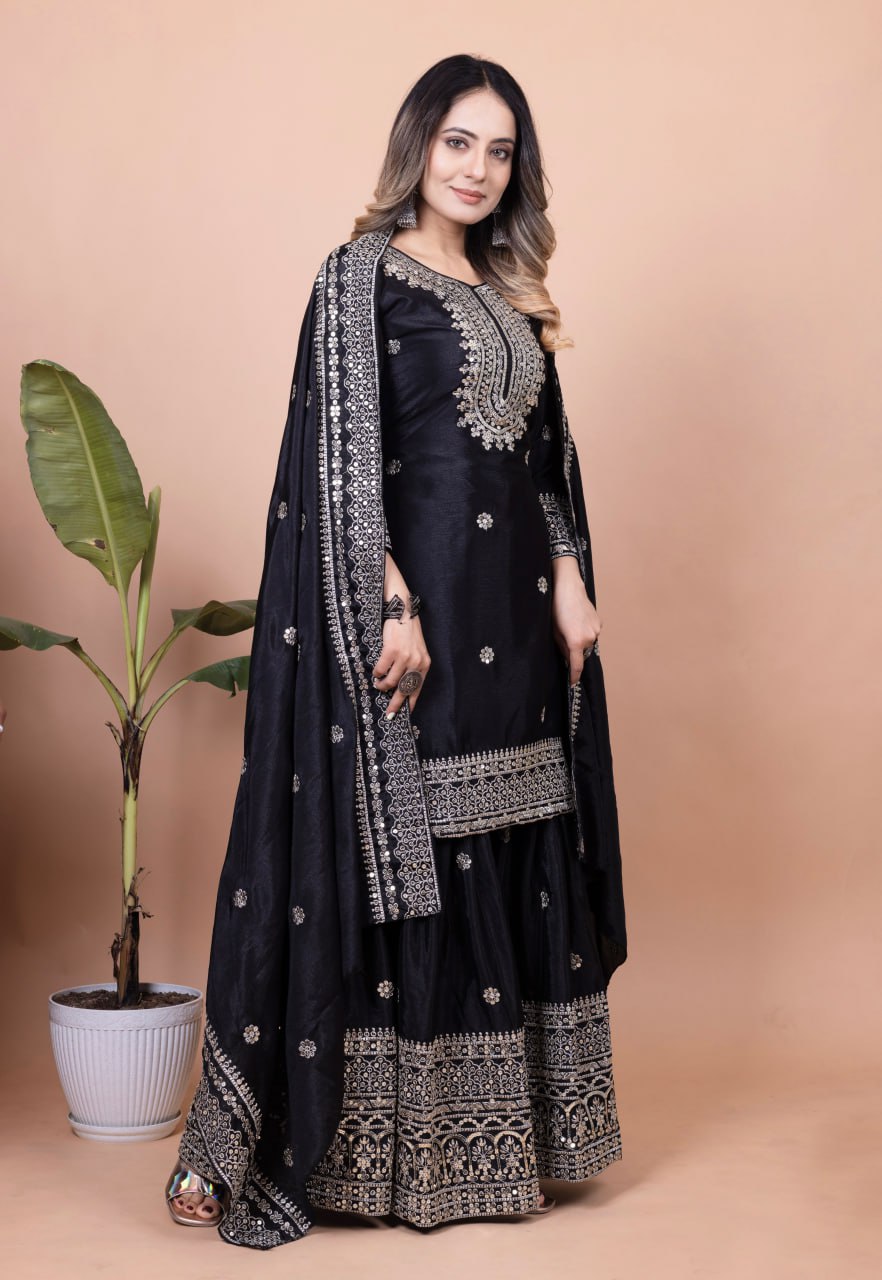 Black Chinon Sharara Suit with Heavy Embroidery Work