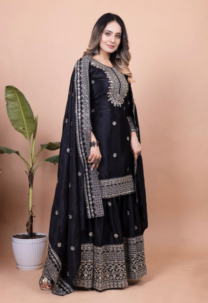 Black Chinon Sharara Suit with Heavy Embroidery Work