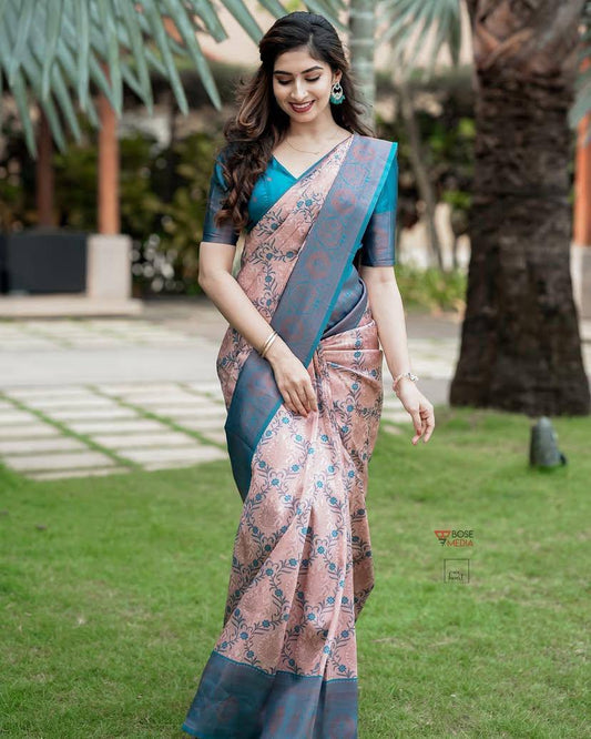 Soft Lichi Silk Peach Saree with Rich Pallu & All-Over Jacquard Work