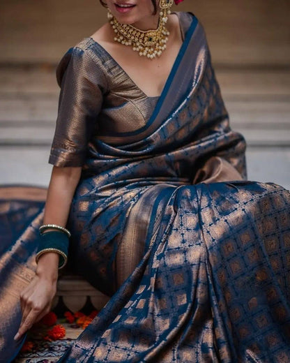 Soft Lichi Silk Blue Saree with Rich Pallu & Heavy Brocade Jacquard Blouse