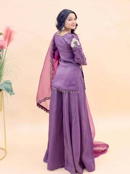 Purple Simar Silk Suit with Sequins Embroidery and Organza Dupatta