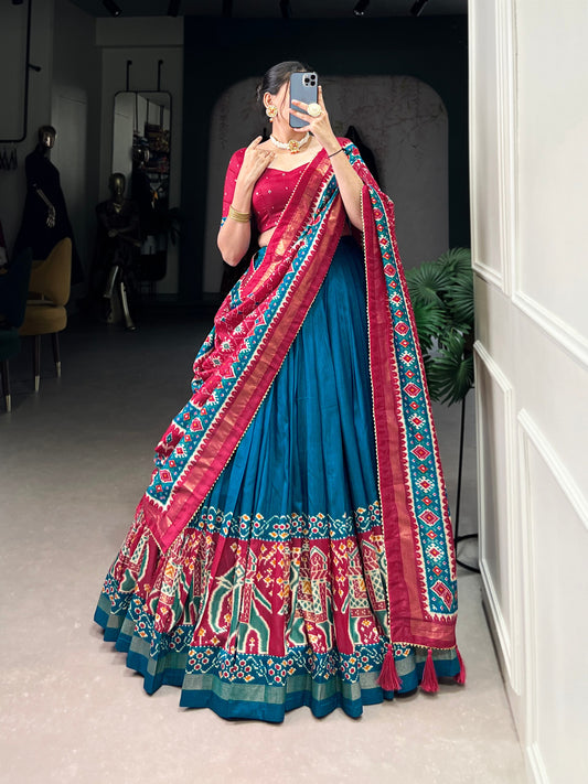 Patola Printed Teal Blue Tussar Silk Lehenga Set with Gotta Patti Dupatta