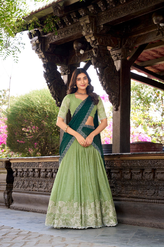 Silver Glosy Embroidered Pista Green Lehenga Set with Hotfix Rangoli Silk Dupatta