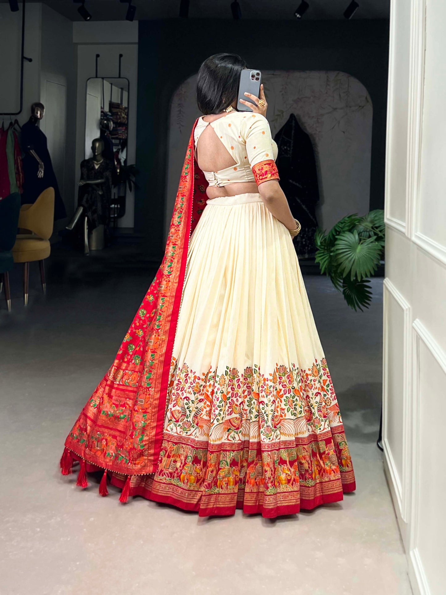 Off White Tussar Silk Lehenga Set with Printed Foil Work and Gotta Patti Dupatta