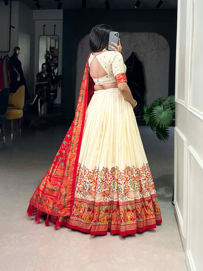 Off White Tussar Silk Lehenga Set with Printed Foil Work and Gotta Patti Dupatta