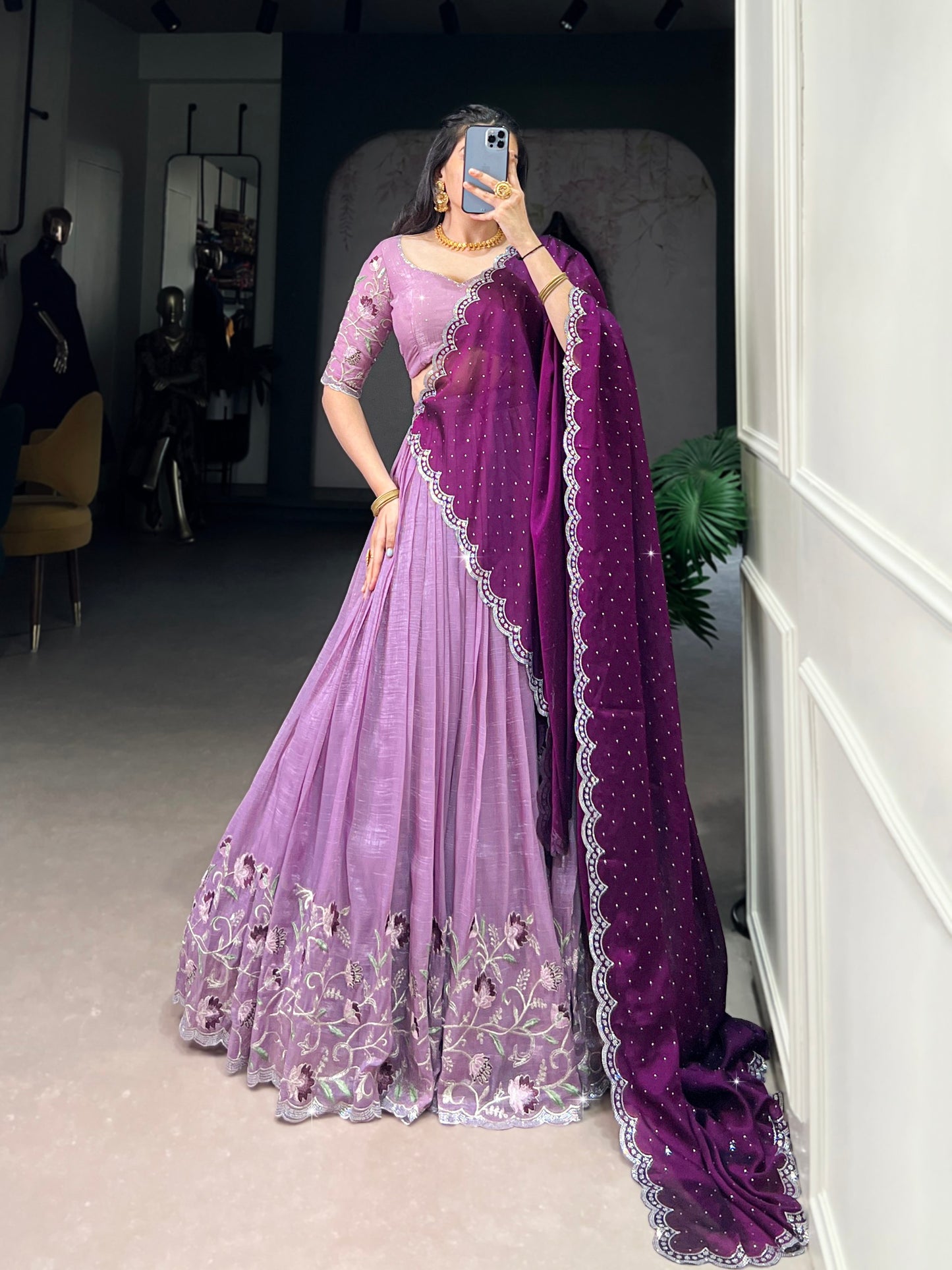 Silver Glosy Embroidered Lavender Lehenga Set with Hotfix Rangoli Silk Dupatta
