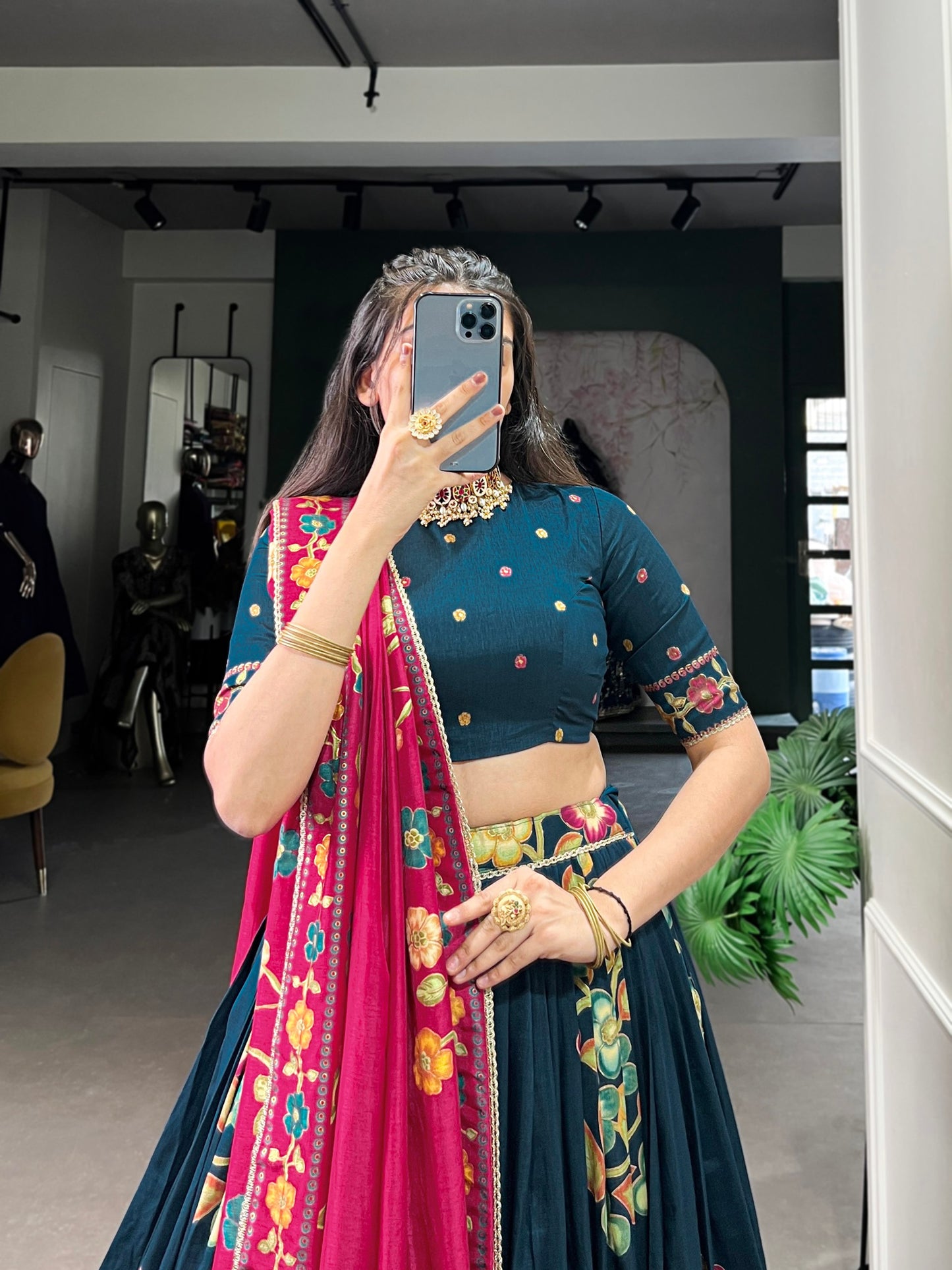 Peacock Blue Tussar Silk Printed Lehenga Set with Foil Work and Gotta Patti Dupatta