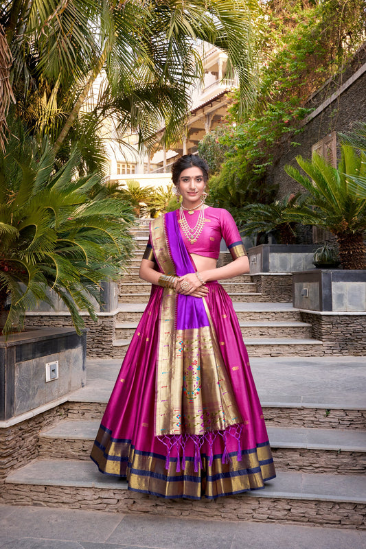Pink Jacquard Silk Paithani Lehenga Set with Zari Weaving and Tassel Dupatta
