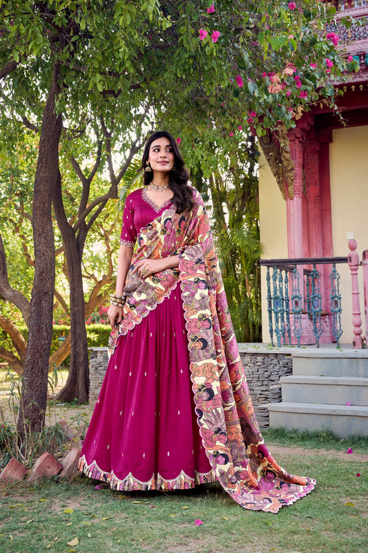 Pink Vichitra Silk Lehenga Set with Kalamkari Print Border & Tussar Silk Dupatta