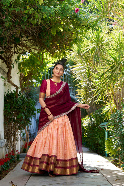 Zari Chex Peach Lehenga Set with Stitched Blouse and Embroidered Georgette Dupatta