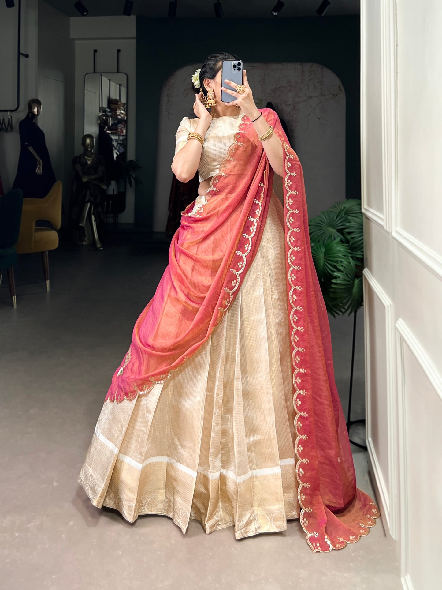 Jacquard Chex Lehenga Set with Zari Weaving Work and Zari Shimmer Dupatta