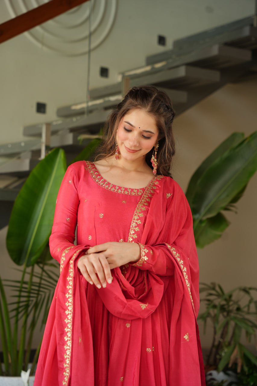 Pink Chinnon Embroidered Gown with Sequins Dupatta
