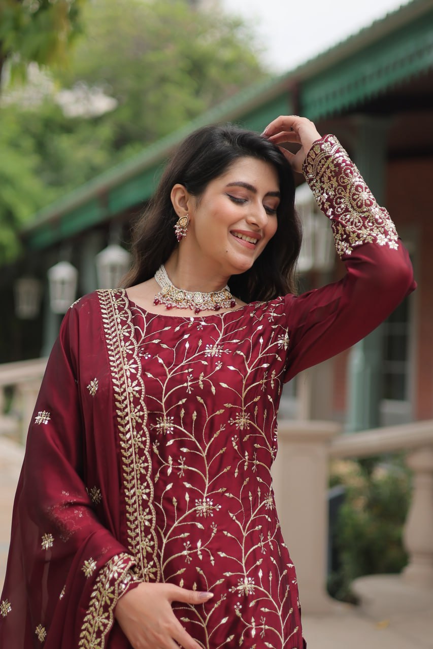 Premium Designer Readymade Maroon Kurti Plazoo Dupatta By Stylish Ethnic