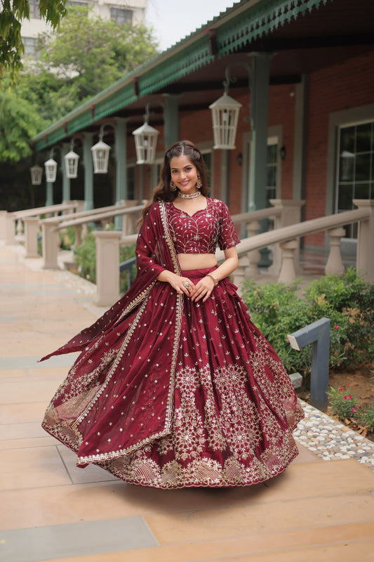 Incredible Maroon Embroidered Silk Wedding Lehenga Choli With Dupatta By Stylish Ethnic