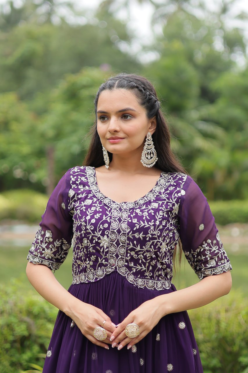 Purple Embroidered Faux Blooming Gown By Stylish Ethnic