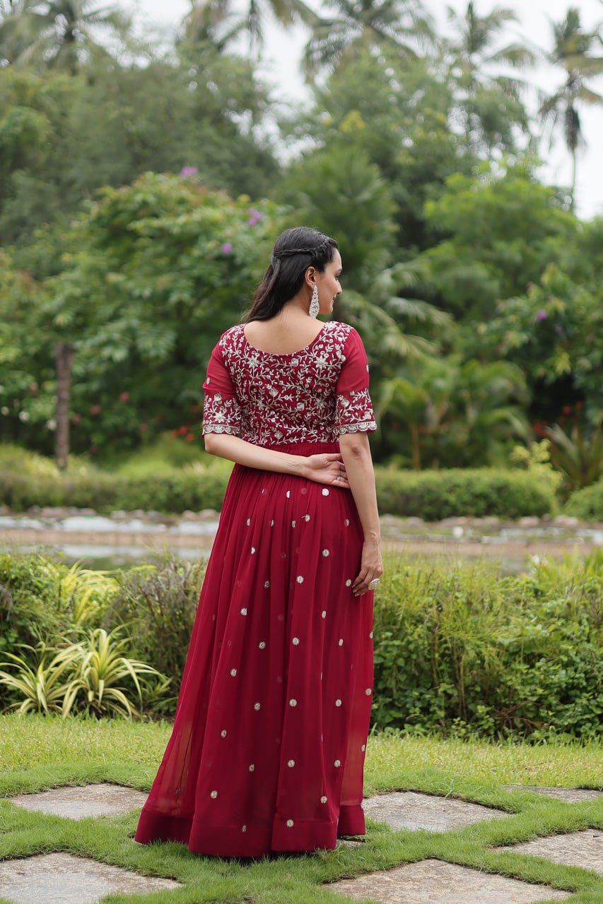 Maroon Embroidered Faux Blooming Gown By Stylish Ethnic