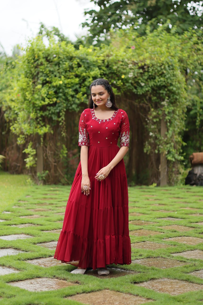 Maroon Zari Sequin Embroidered Faux Blooming Gown By Stylish Ethnic