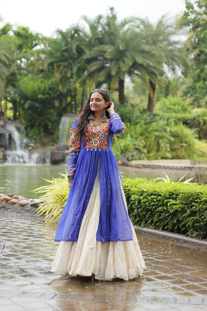 Blue Mirror Work Cotton Navratri Wear Kurti With Lehenga By Stylish Ethnic