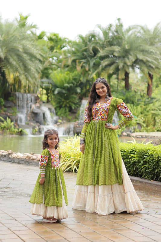 Mother Daughter Matching Lehenga With Gamthi Work Pista Green Navaratri Combo By Stylish Ethnic