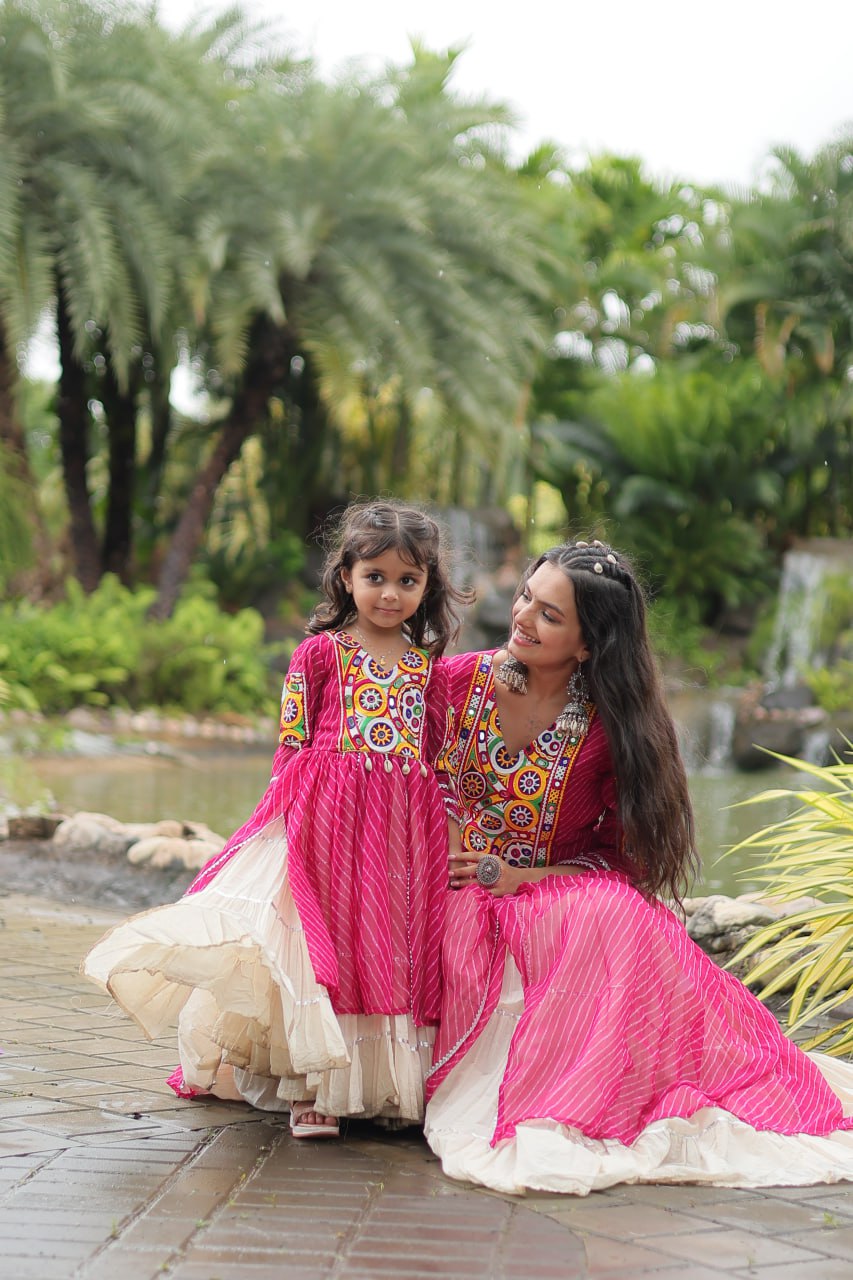 Mother Daughter Matching Lehenga With Gamthi Work Rani Pink Green Navaratri Combo By Stylish Ethnic