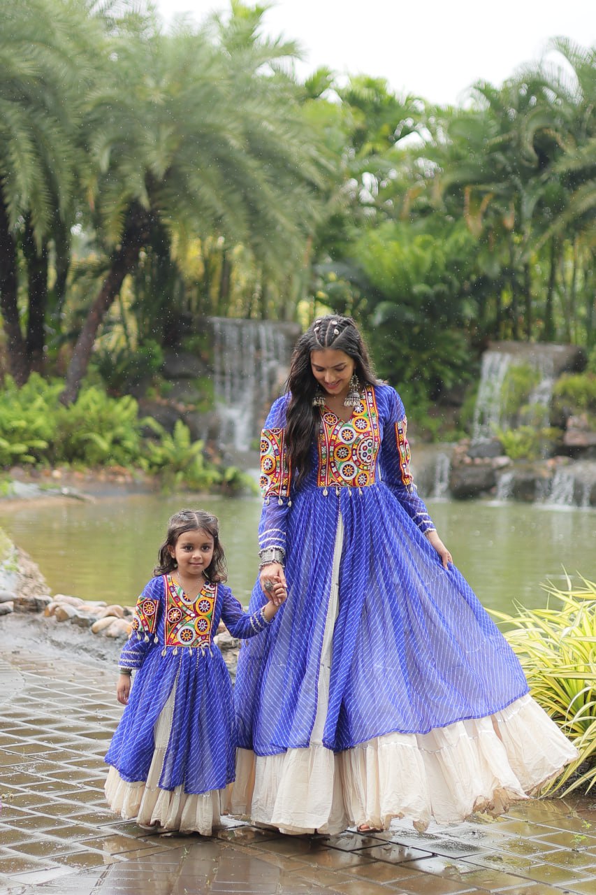 Mother Daughter Matching Lehenga With Gamthi Work Blue Green Navaratri Combo By Stylish Ethnic