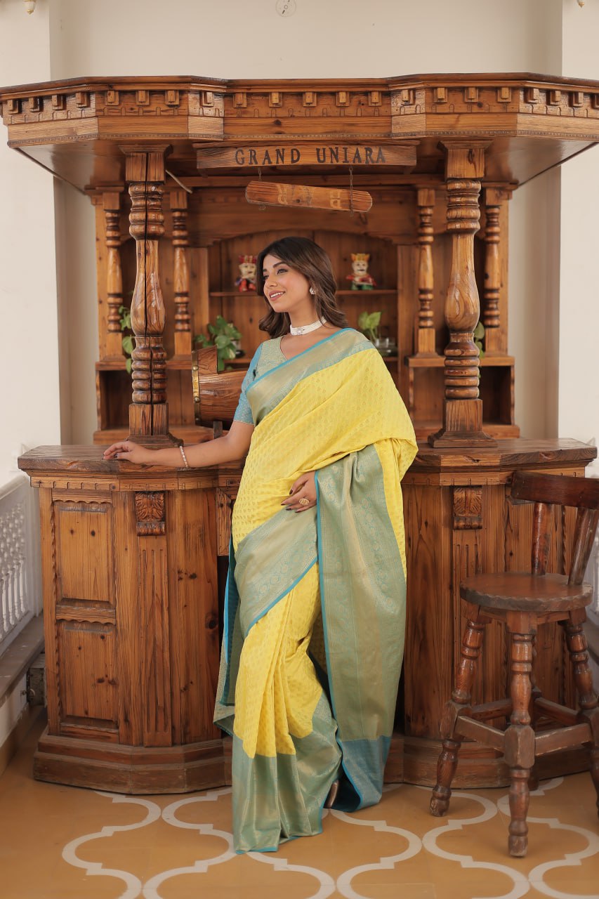 Yellow Color Kanjivaram Soft Silk Saree By Stylish Ethnic