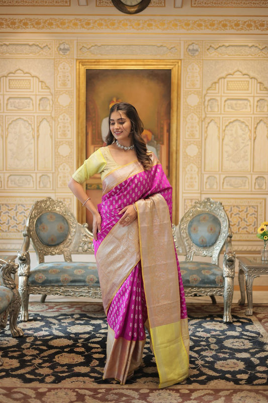 Hot Pink Banarasi Silk Saree By Stylish Ethnic