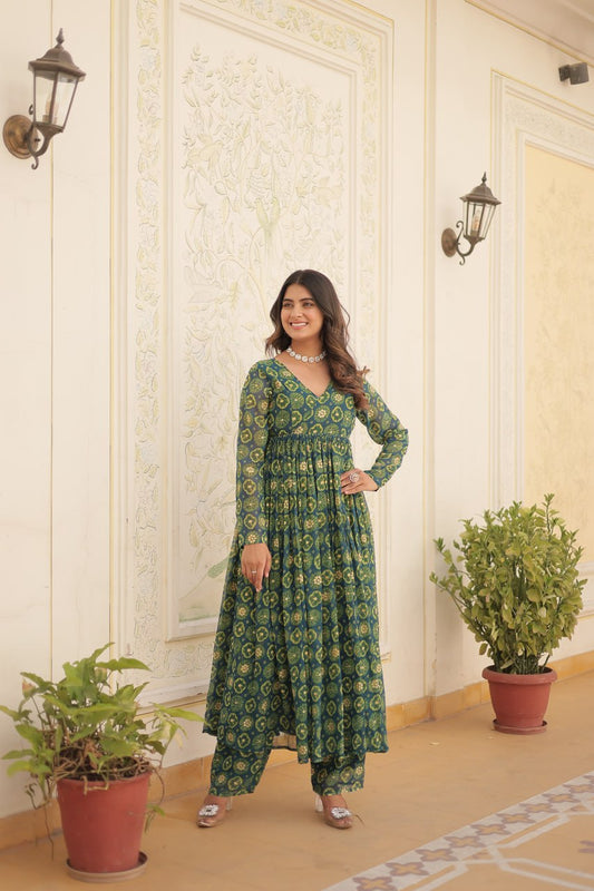 Green Faux Georgette Foil Print Readymade Top with Pant Set By Stylish Ethnic