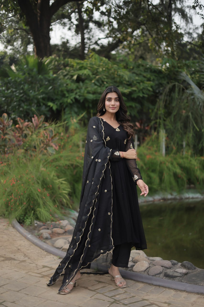 Black Nayra Cut Anarkali Suit with Embroidery Work