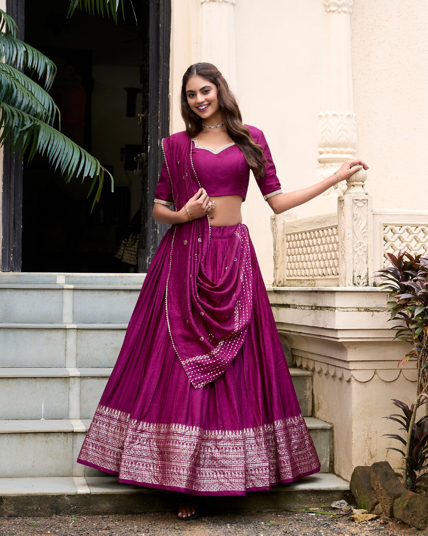 Grace and Beauty Pure Chanderi Sequin Embellished Wine Lehenga Choli