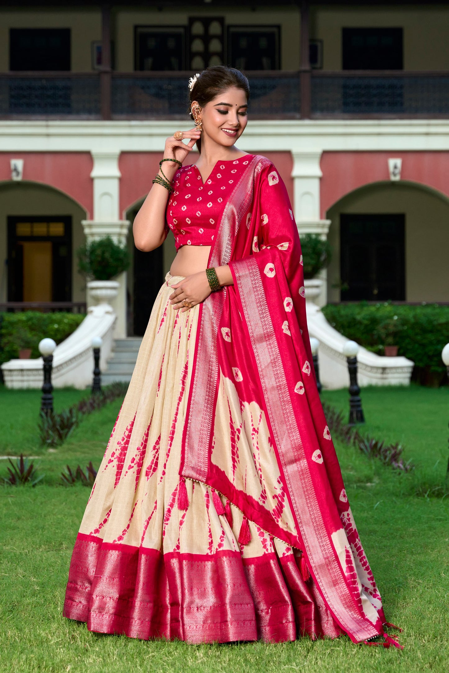 Red Color Dola Silk Shibori Print Zari Weaving Lehenga Choli