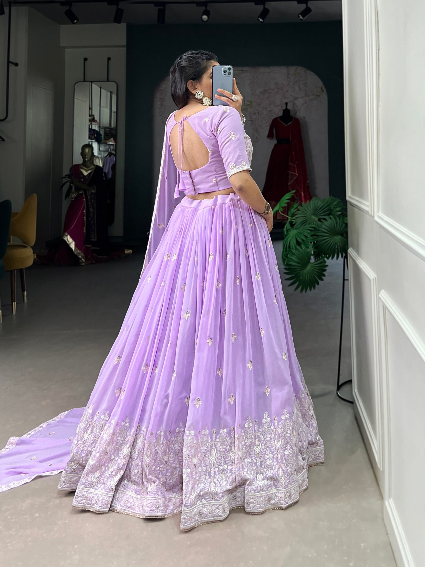 Amazing Lavender Thread Work Georgette Engagement Wear Lehenga Choli