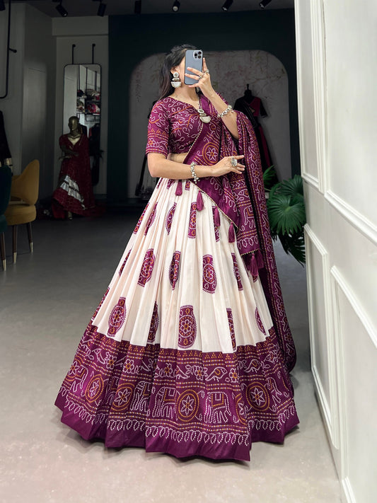 Striking Wine Color Bandhani Printed Tussar Silk Event Wear Lehenga Choli