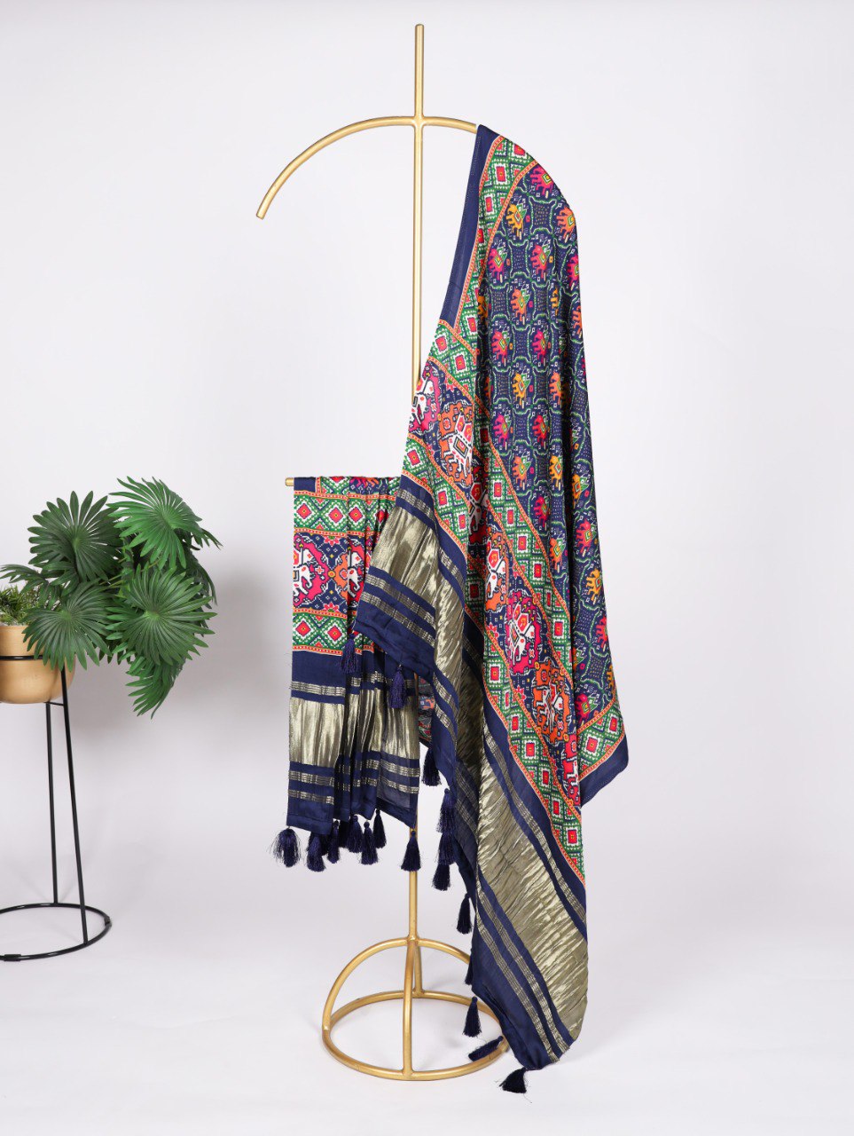 Navy Blue Pure Gaji Silk patola Print Dupatta with Tassels