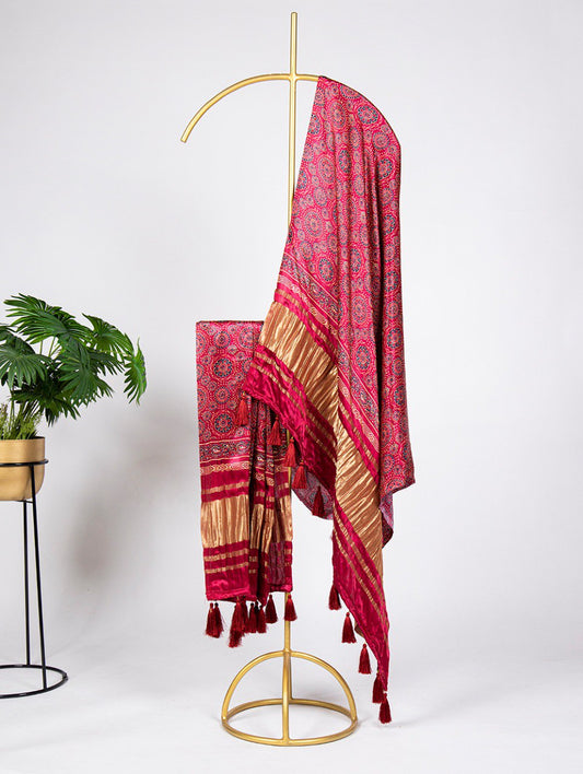 Pure Gaji Silk Patola Print Pink Dupatta with Tassels