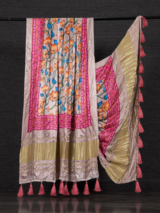 Pure Gaji Silk Patola Print Cream And Pink Colour Dupatta with Tassels