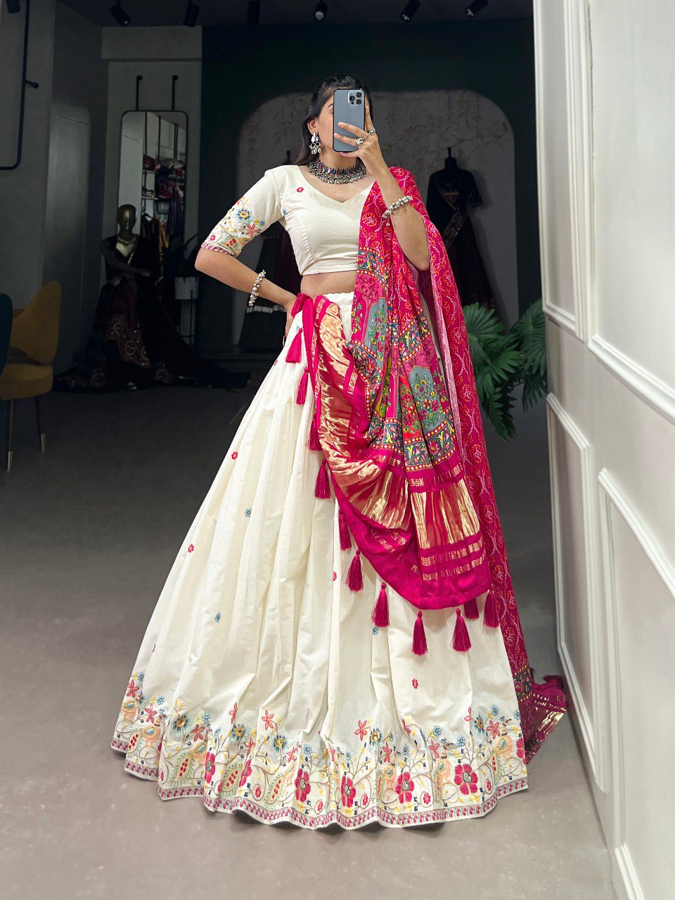 Lotus Design Sequins And Thread Embroidery Work Khadi Cotton Lehenga Choli With Pink Gaji Silk Dupatta