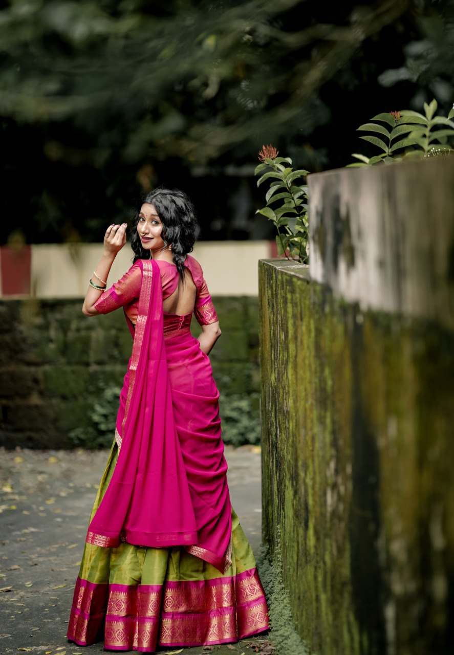 Olive Green & Magenta Woven Kanchipuram Silk Lehenga Choli