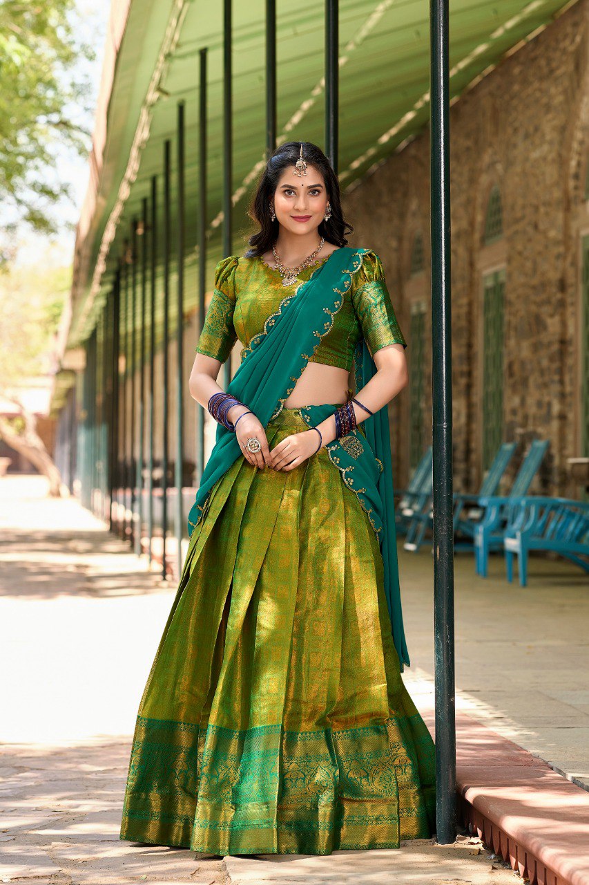 Lovely Green Zari Woven Kanchipuram Silk Traditional Half Saree Lehenga