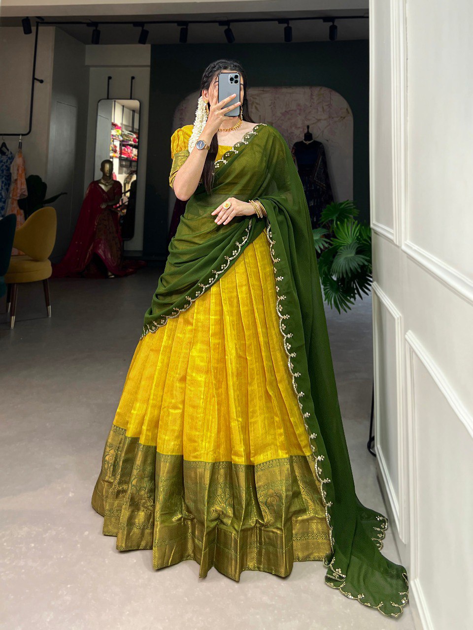 Kanjivaram Silk Yellow Lehenga Choli With Flowing Dupatta