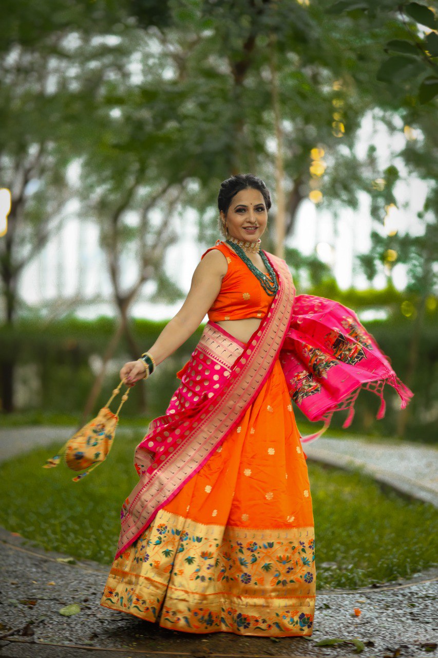 Designer Orange Color Jacquard Paithani silk Lehenga Choli