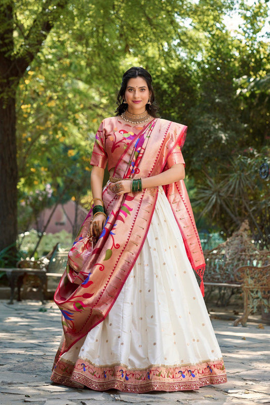 White Color Jacquard Silk Paithani Lehenga With Zari Work Lehenga Choli Set