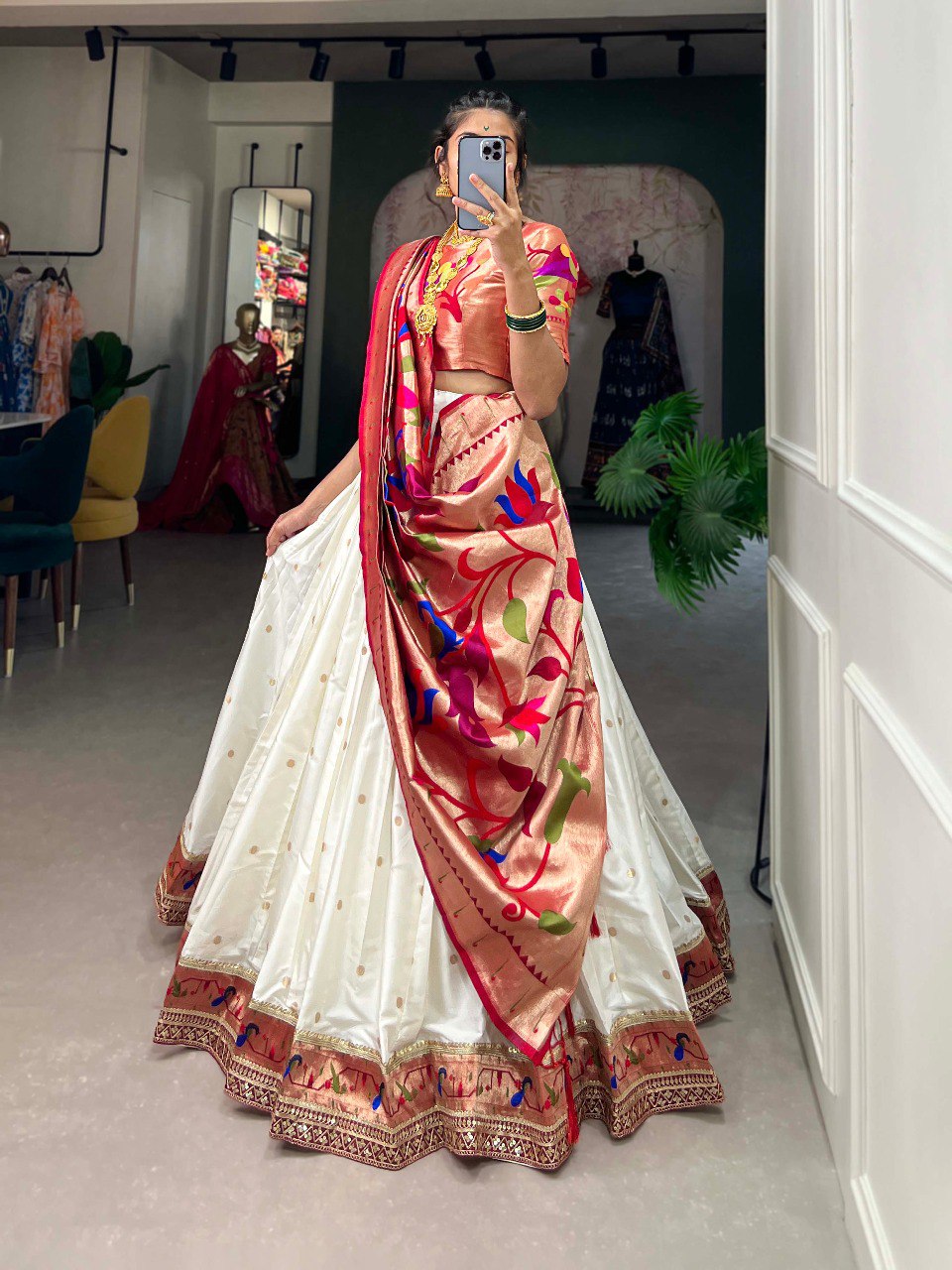 White Color Jacquard Paithani silk Lehenga Choli