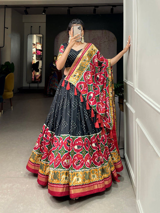 Black Color Patola Print With Foil Work Tussar Silk Lehenga Choli