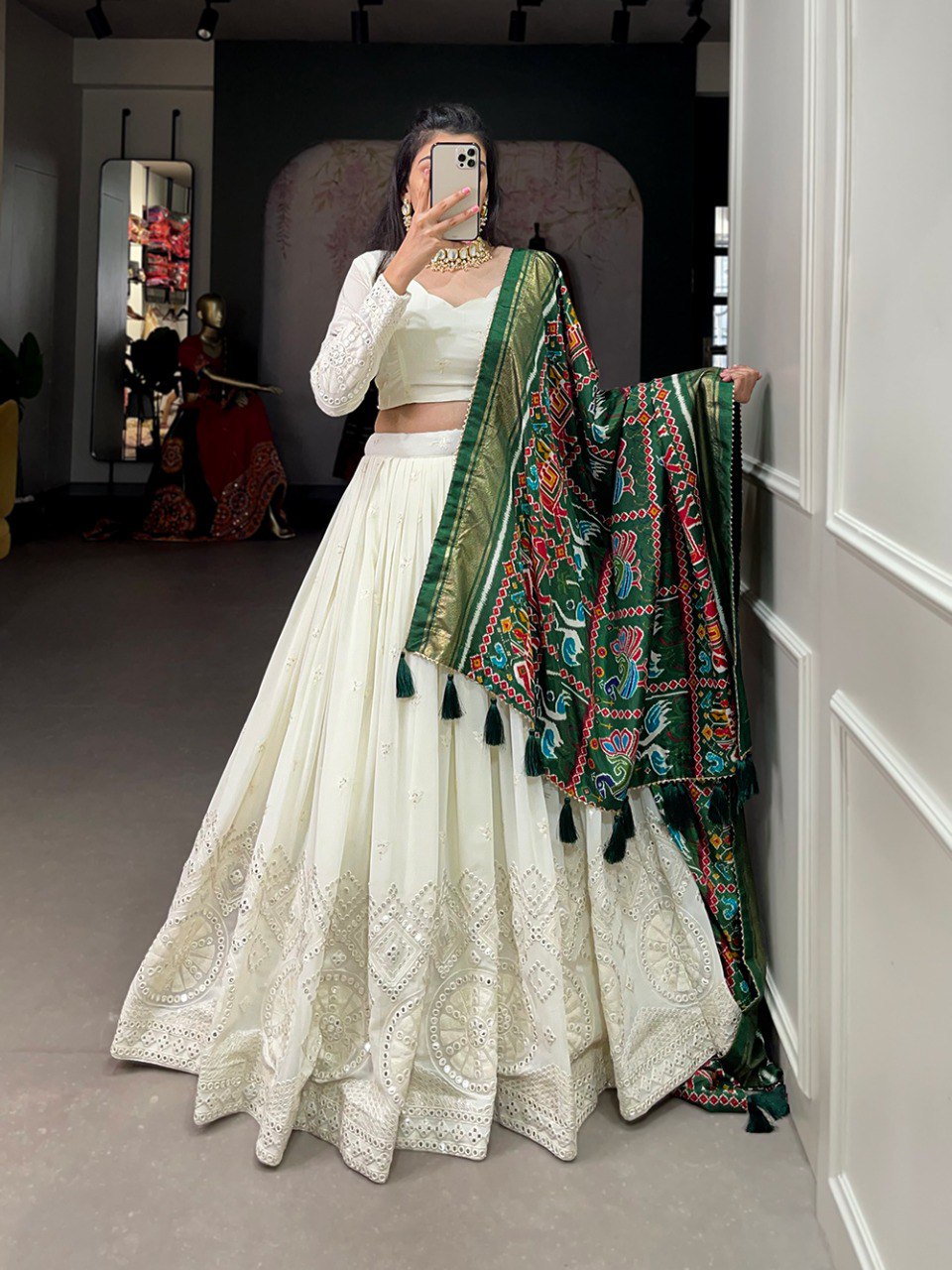 White Color Lucknowi Paper Mirror Work Georgette lehenga Choli With Green Silk Dupatta